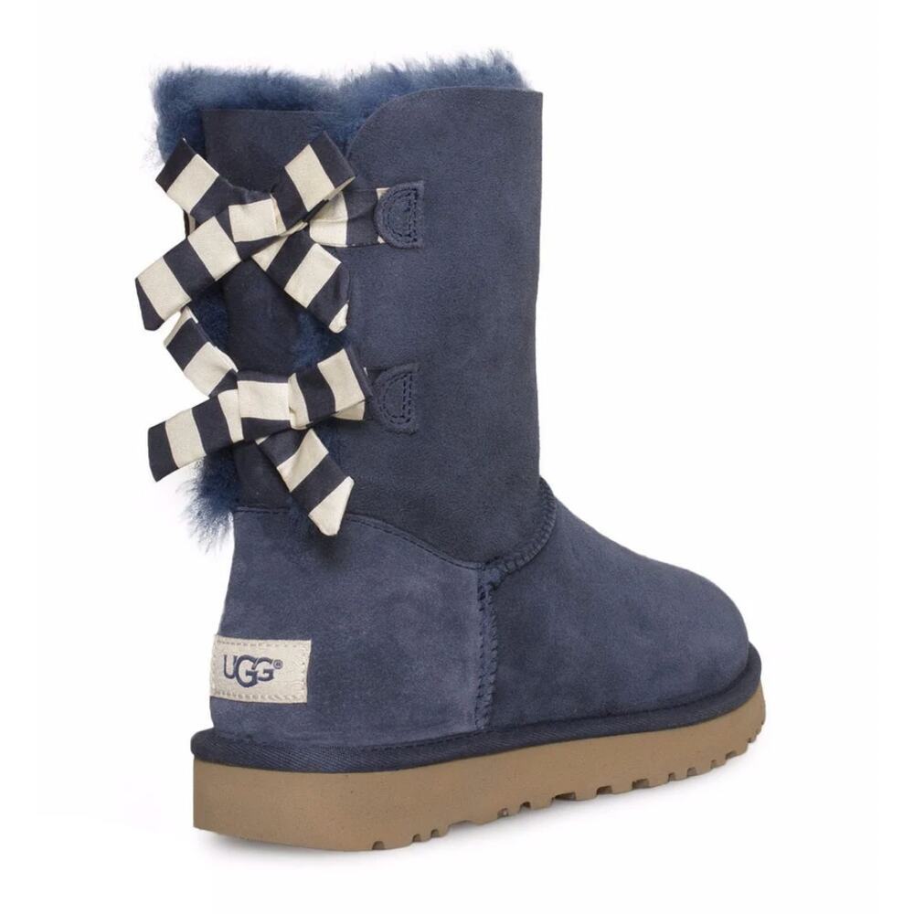 UGG Bailey Bow Stripe Navy Blue Suede Short Boot Women's Size 9 Sheepskin NEW